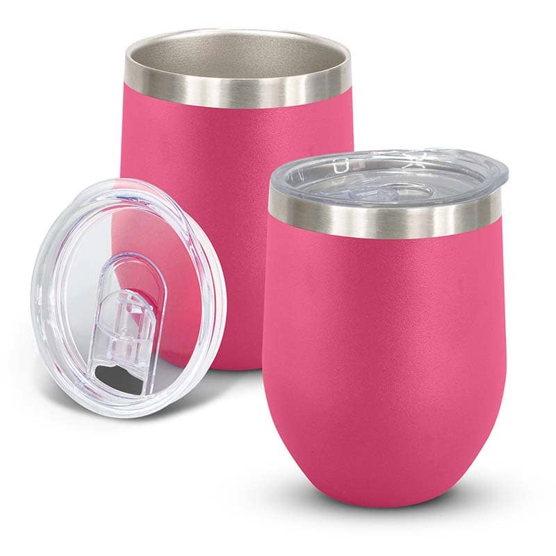 Two pink, stainless steel insulated tumblers with clear plastic lids; one tumbler is open, one is closed, and an extra lid sits in front—perfect as custom merchandise or promotional products for your brand.