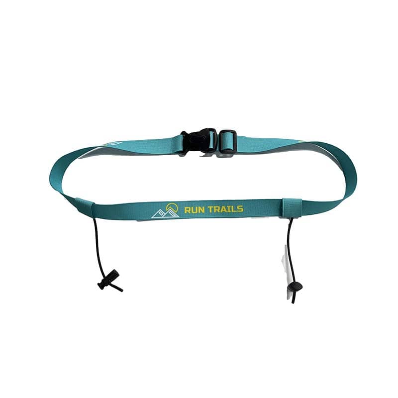 A teal running belt with a black buckle, adjustable straps, and two elastic race bib holders—ideal custom merchandise or promotional products. The front features a "RUN TRAILS" logo with a mountain graphic.